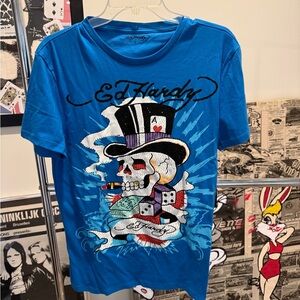 Ed Hardy Bright Blue Skull & Top Hat Graphic Tee
